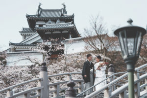 和装 フォトウェディング 桜シーズンの福知山城 結婚式 前撮り